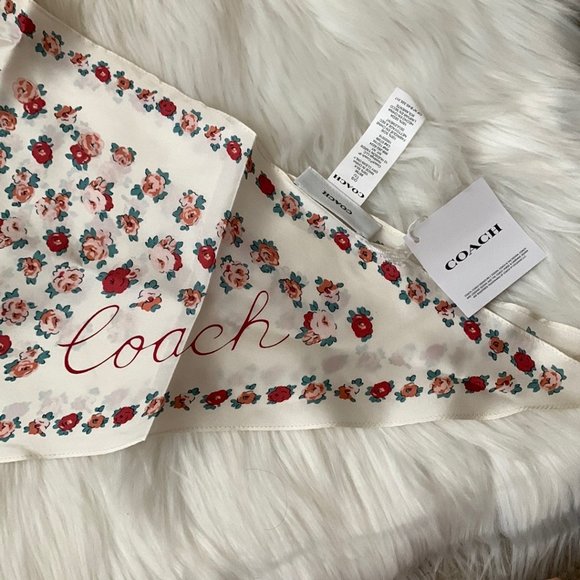 COACH Tea Rose Print Silk Diamond Scarf Set of 2 in Chalk/Mist Blue - Picture 2 of 6